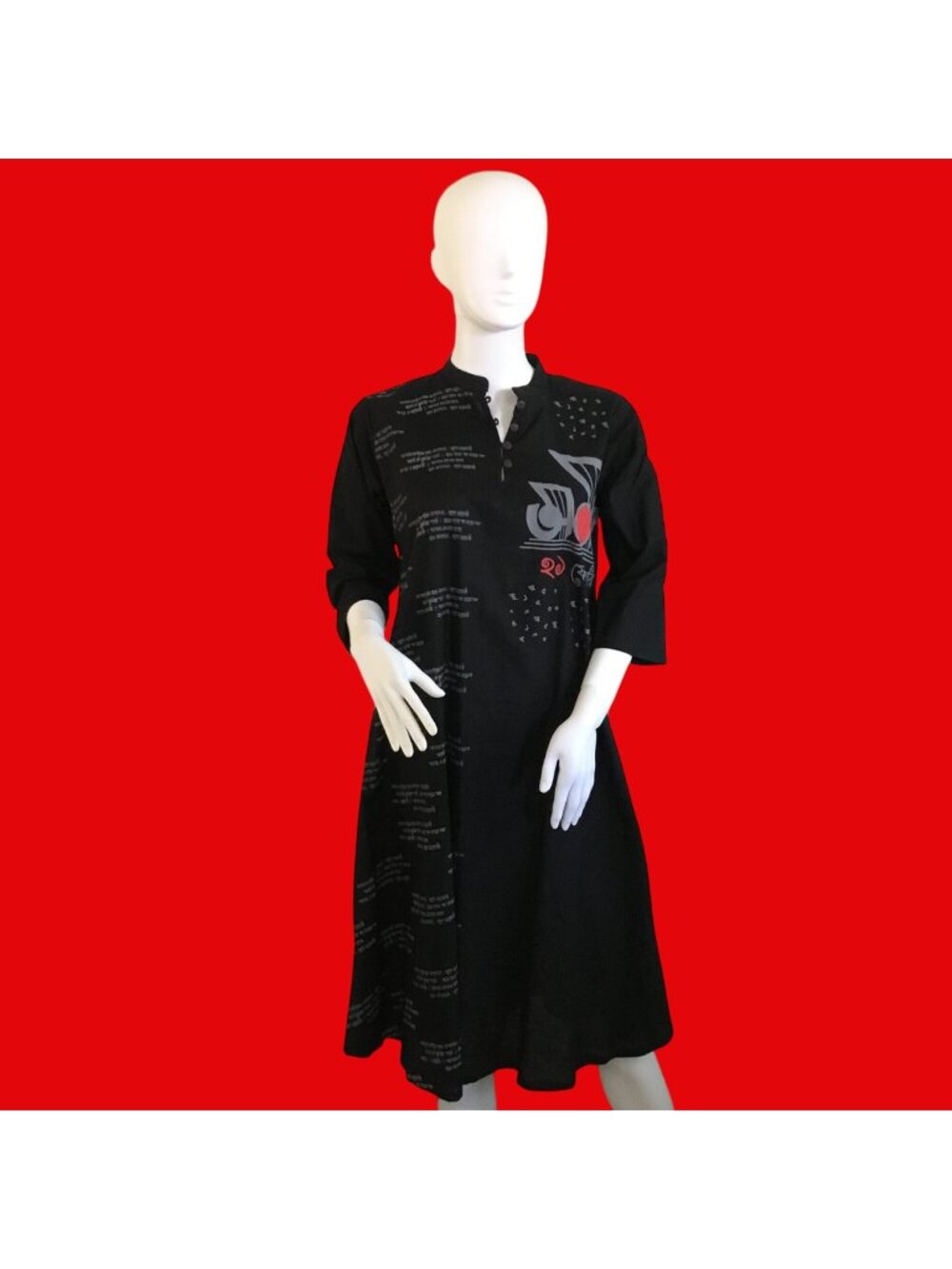 Black Cotton Kurti With Unique Typography & Red Accent Design Size M